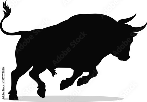 Powerful black bull silhouette in charging pose with horns and muscle detail isolated on white background representing strength, aggression, and stock market growth