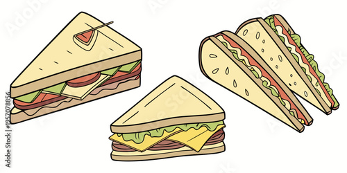 Set of different sandwiches isolated on a white background three triangular sandwiches with salad and meat slices a classic Toid monster and rye bread with. vector icon