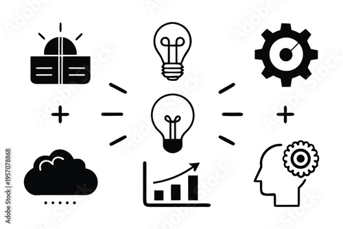 Conceptual representation of innovation, creativity, and business growth through a combination of elements and ideas presented as line icons