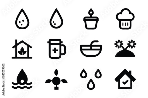 A comprehensive collection of minimalist outline vector icons, illustrating essential concepts of nature, water resources, plant growth, and eco-friendly living for environmental graphic design