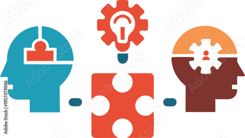 Dynamic icon set illustrating the intricate process of brainstorming, knowledge exchange, and solution finding through connected human heads and symbolic puzzle elements
