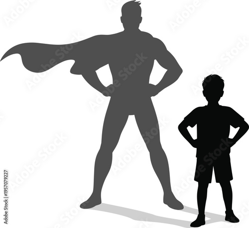 Silhouette of a young boy standing with a superhero shadow wearing a cape representing courage, childhood dreams, fatherhood, and potential on white background