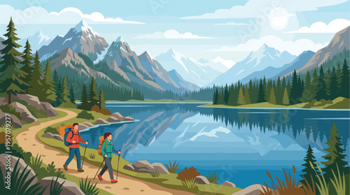 Two hikers with backpacks walk along a scenic path next to a calm lake reflecting snow-capped mountains and pine trees under a clear blue sky.