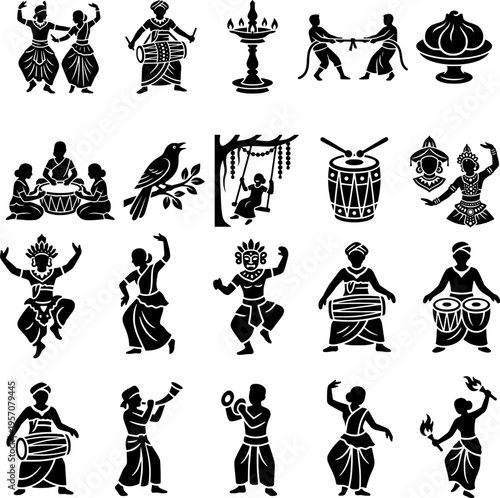 Sri Lankan New Year Festival Rituals and Cultural Icons Silhouette Set