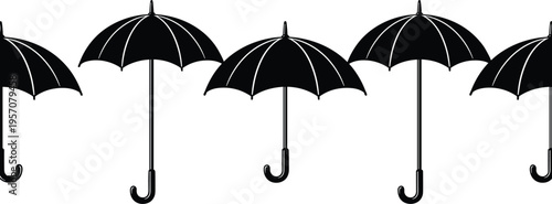Umbrella silhouette seamless border pattern, black parasol icons set, rain protection accessory, weather design element, autumn season vector illustration, white background