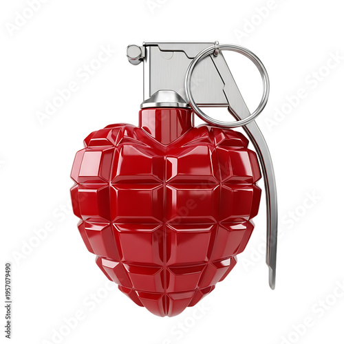 3D red heart grenade with pin isolated on transparent background high detail
