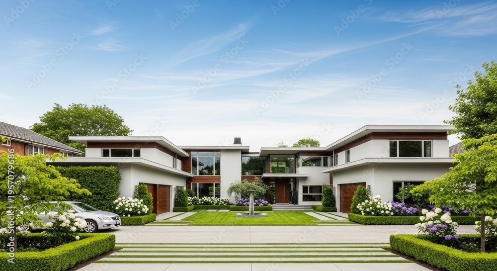 Fototapeta premium Modern two story white house with lush landscaping and driveway