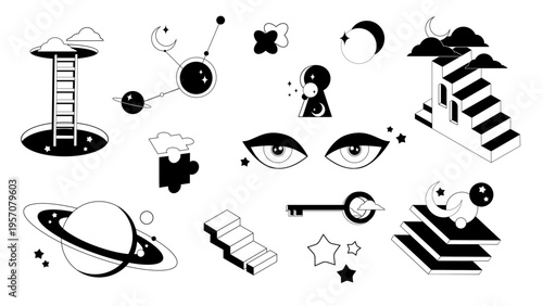 Psychedelic black door portals, eyes, key and planet isolated on black background. Vector illustration of surreal geometric staircase, y2k ladder, round space hole with stars and moon, trippy elements