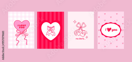 Hand drawn coquette frames with cherry, vintage bow and ribbon details. Girly style Love you cards, french romantic greetings, or elegant Valentine's Day border designs with whimsical charm