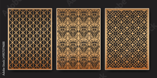 Laser cut geometric patterns, abstract vector backgrounds. Cnc wood panels, stencils, and modern decorative wall art with ornamental fretwork design elements, elegant border templates, islamic frames