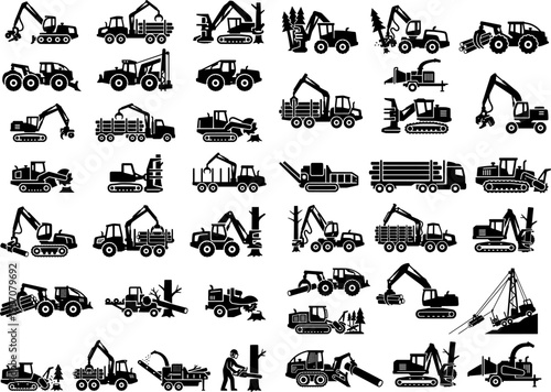 Forestry Machinery and Logging Equipment Silhouette Icon Set