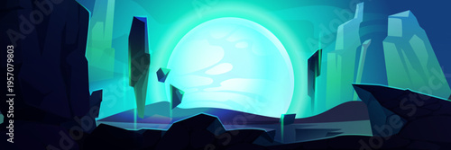 Alien planet landscape with rocky mountains and desert ground surface. Fantasy space vector background for game design. Futuristic scene, cosmic valley with flying rocks, galaxy and moon view.