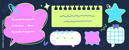 Color speech boxes and paper memo notes set isolated on black background. Vector illustration of cute hand drawn doodle frames and stickers for kid banners, school journals, creative notebook design