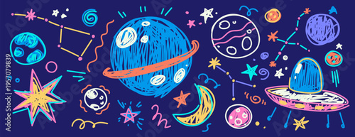 Color crayon wallpaper with planets and spacecraft on blue background. Vector cartoon illustration of creative kids pattern with doodle stars, Earth, alien UFO, stars and constellations, cute design