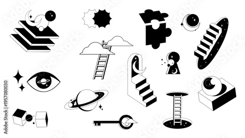 Surreal geometric door to psychedelic space, vector icons isolated on white background. Abstract portals with stairs, optical illusion in retro style. 3D fantasy contemporary eyes, key and planets