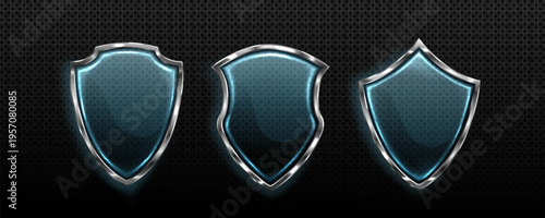 3d transparent glass shields with protective metal frame and realistic light effect, vector icons isolated on background for security design. Guard badge with clean texture, safety emblem, insurance