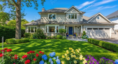 Beautiful two story house with a well manicured lawn and vibrant garden