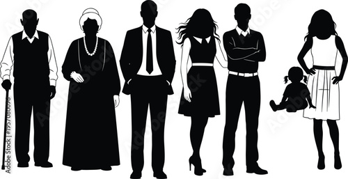 Vector Silhouette Illustration of a Multi-Generational Family Including Grandparents, Parents, Young Adults, and a Baby for Genealogy and Life Insurance