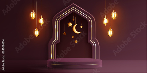 Ramadan podium with golden arch, arabic lantern and moon. Purple background with gold crescent and stars for Eid Mubarak greeting cards, festive banners, or product displays
