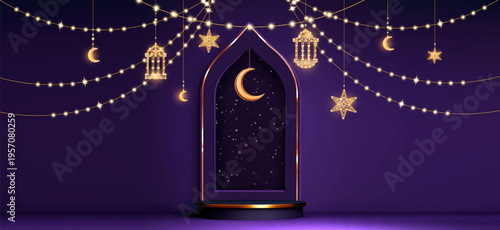 Ramadan podium with golden arch, arabic lantern and moon. Purple background with light garland, gold crescent and stars for Eid Mubarak greeting cards, festive banners, or product displays