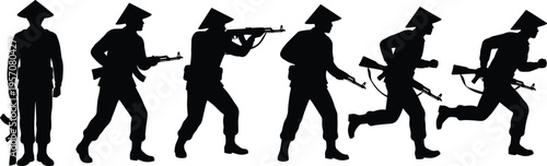 Vietnamese soldier silhouette set with conical hat and rifle, military figures in combat, running, and aiming poses for historical war.