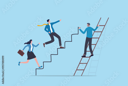 Build step to success, career ladder or leadership to create career path for team, improvement or job development opportunity, businessman manager draw stair for team to step improve career succeed.