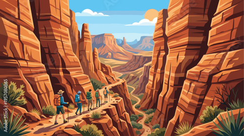 A group of hikers with backpacks and poles trek along a winding path through a vast, sun-drenched canyon with towering orange rock formations.