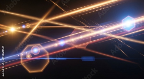 Dynamic Light Streaks and Lens Flares on Dark Background.