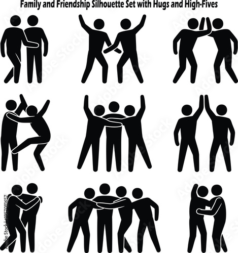 A collection of family and friendship silhouettes illustrating affectionate moments including hugs and high fives