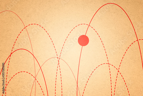 Vintage illustration of a bouncing red ball trajectory on textured background
