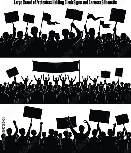 Silhouettes of large crowds of protesters holding up blank signs and banners in three distinct rows