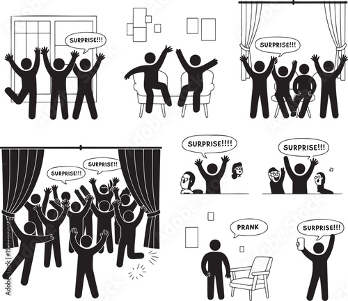 Silhouettes of people experiencing and delivering a surprise with excited reactions and a prank