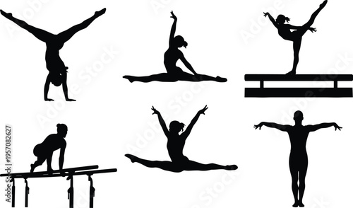 Gymnastics silhouette set with athlete poses, balance beam, splits, handstand, rhythmic movement, sport training black vector illustration collection isolated