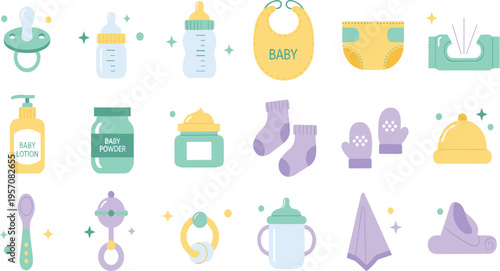 Baby Care Essentials Vector Illustration Set with Pacifier Bottles Bib Diapers Lotion Powder Socks Mittens Wipes and Infant Accessories.