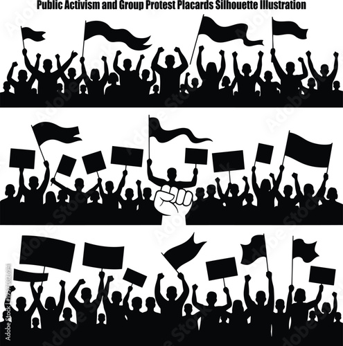 Silhouettes of a public activism crowd protesting with flags, raised fists, and placards displayed prominently