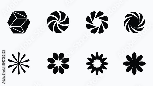Set of abstract geometric shapes and flower silhouettes for logos or icons on white background