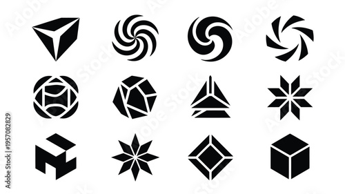 Collection of 12 unique black and white vector logos and icons on a clean white background for branding and design