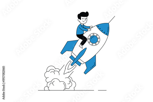 A cartoon illustration of a happy young man riding a rocket ship launching into the sky with smoke clouds billowing underneath