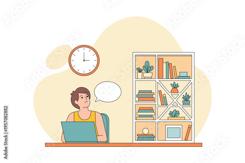 Young man working on a laptop at his desk with a thought bubble and a bookshelf in the background