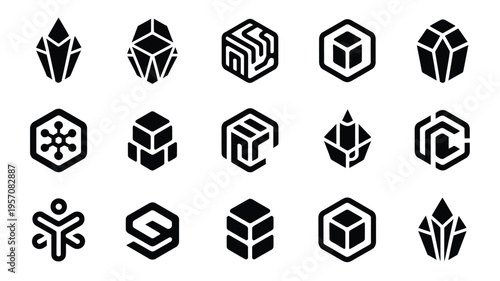 Collection of 15 black geometric shapes and logos on white background for design and branding purposes