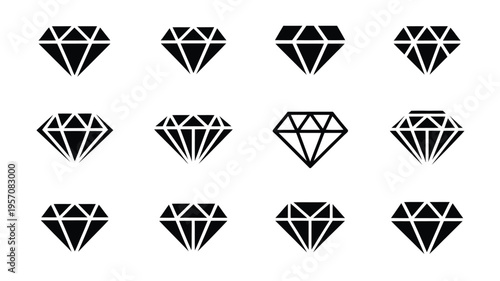 Black diamond icons set vector illustration of multiple gemstones on white background various shapes and designs