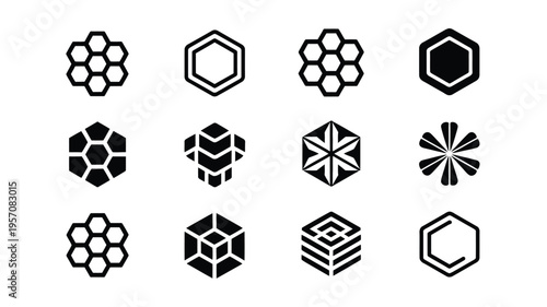 Collection of minimalist hexagonal shapes and geometric patterns in black on white background for design and branding