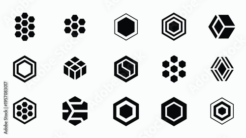 Collection of black geometric shapes and symbols on gray background