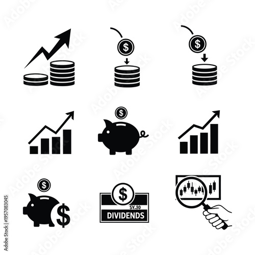 A collection of black and white financial icons depicting growth, savings, investment, and market analysis concepts.