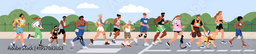 Diverse people are running marathon banner. Joggers, runners with disabilities in sportswear are on sport race. Group of athletes is jogging on street road in competition. Flat vector illustration