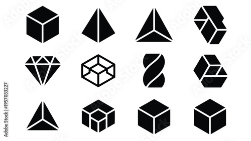 Collection of 3d geometric shapes in black and white abstract icons set