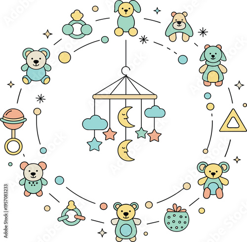 Baby Crib Mobile Circular Illustration with Hanging Toys Teddy Bears Stars Moon and Nursery Decor Elements for Infant Room Design.