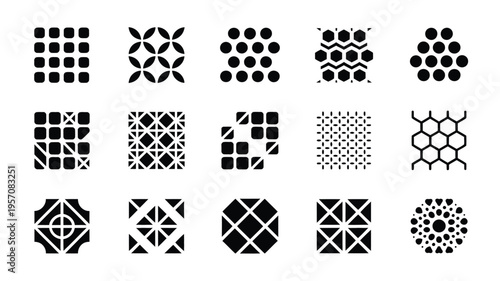 Vector icon bundle of 15 unique geometric patterns and shapes in black and white for design and decoration