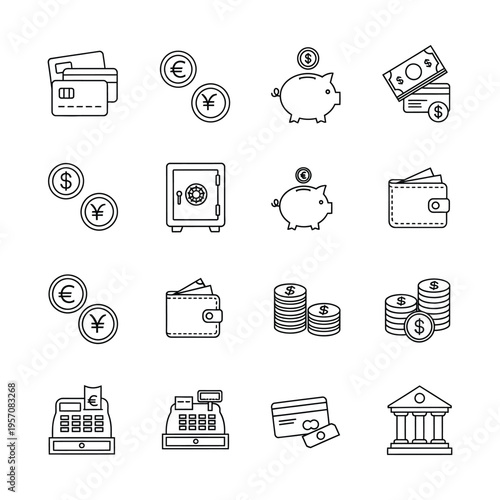 Set of financial and money line icons including credit cards, coins, piggy banks, wallets, cash registers, and a bank building.