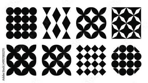 Geometric pattern silhouette icon bundle with abstract shapes and designs on white background for design and decoration